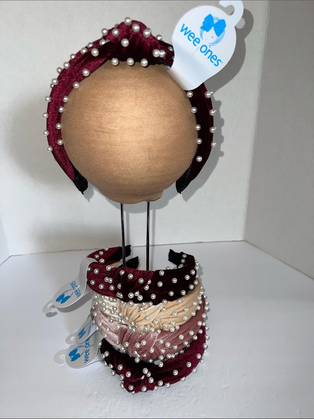 Wee Ones Velvet Pearl-Knotted Headband - Burgundy, Blush, Champagne-specify colo